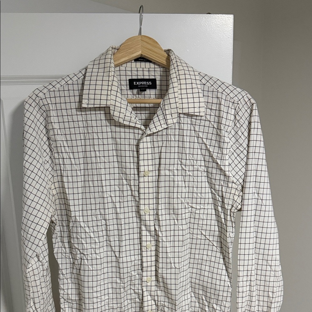 Express Men's Cream Button-Down Shirt with Brown Grid